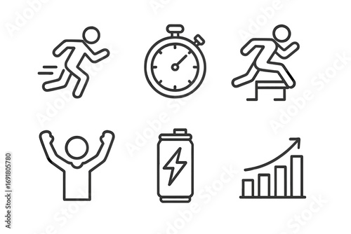 Fitness and sport linear icons set. Running, stopwatch, hurdle race, athlete winner, energy drink, and progress chart. Vector illustration for success and achievement.