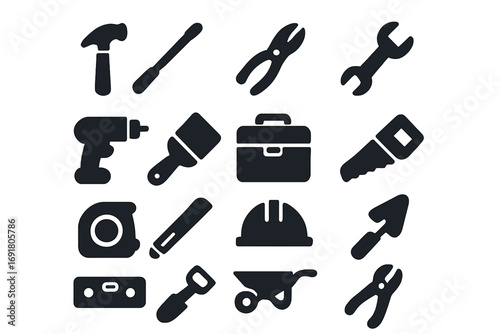 Construction tools solid glyph icon set. Home repair and DIY work equipment symbols. Worker collection with hammer, drill, wrench, saw, hard hat, and toolbox vector icons.