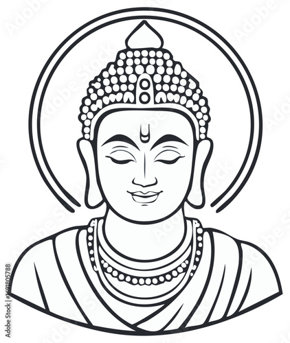 Meditating Buddha bust with a serene expression and halo vector line art graphic