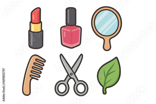 Beauty and self-care icon set. Natural cosmetics line. Lipstick, nail polish, mirror, comb, scissors, leaf. Makeup, grooming, hairdressing, salon, spa vector icons.