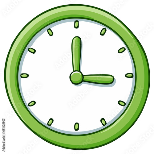 Green round cartoon clock showing three o'clock time concept vector illustration