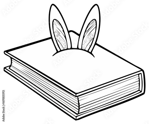 Bunny ears peeking from a closed book illustration