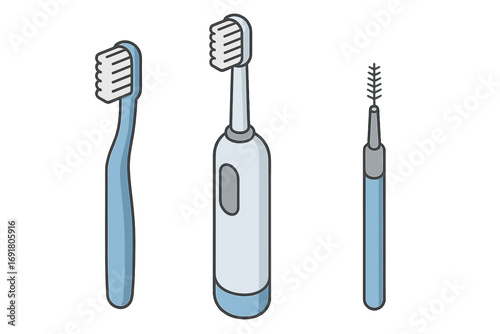 Dental hygiene tools isometric icon set. Manual toothbrush, electric toothbrush, interdental brush. Vector illustration for oral care, teeth cleaning, dentistry, stomatology.
