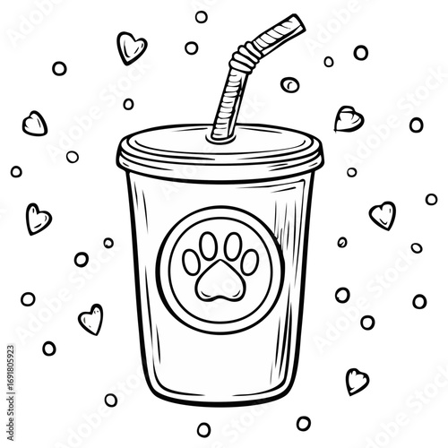 Cute Drink with Paw Print and Hearts, Pet Beverage Doodle, Animal Friendly Cafe