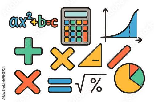 Mathematics icon set for education and science. Vector symbols for algebra, geometry, and statistics. Includes calculator, graphs, charts, and equations for learning.