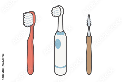Dental hygiene tools isometric icon set. Oral care and dentistry equipment. Manual toothbrush, electric toothbrush, interdental brush. Vector flat design cartoon illustration.