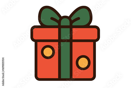 Christmas gift symbol vector illustration. Flat cartoon present box icon for holiday or birthday celebration. Wrapped gift with ribbon and bow, isolated surprise graphic element.