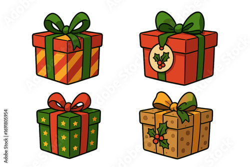 Christmas gift box vector set. Cartoon holiday presents collection with festive wrapping, bows, and holly. Xmas surprise giftbox pack for winter celebration design elements.