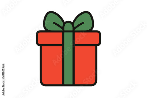 Christmas gift box vector icon. Flat cartoon illustration of a red present with a green ribbon. Holiday, birthday, or celebration symbol. Isolated graphic design element.