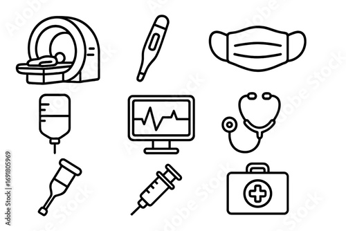Medical icon set. Healthcare line icons. Hospital equipment symbols. MRI, EKG, stethoscope, syringe, crutch, face mask, first aid kit. Medicine and diagnosis vector elements.