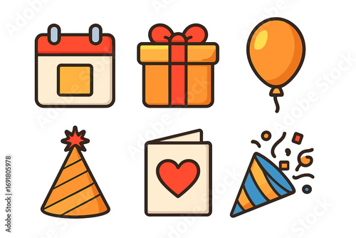 Party and celebration vector icon set. Flat cartoon illustration collection with calendar, gift, balloon, party hat, love card, and confetti popper for a birthday or holiday.