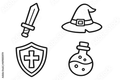 Medieval fantasy RPG icon set. Simple line art with sword, wizard hat, knight shield, and magic potion. Vector outline symbols for gaming, apps, and adventure themes.