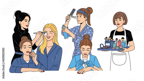 Diverse group of women in a salon setting receiving makeup application and hairstyling services from skilled professionals