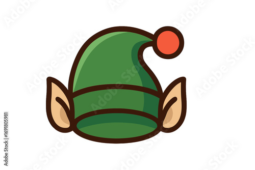 Christmas elf hat vector icon. Santa's little helper green cap with red pom-pom and pointy ears. Winter holiday costume accessory. Cartoon fantasy illustration isolated.