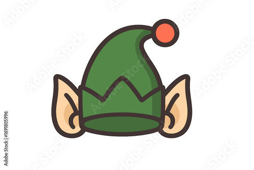 Christmas elf hat with ears icon. Santa's little helper costume accessory. Xmas holiday cute cartoon vector illustration. Fantasy pixie or gnome cap for winter celebration design.