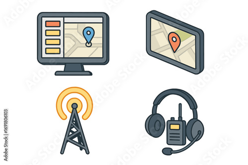 Dispatch center icon set for logistics and delivery. Fleet management and control room symbols. GPS tracking, operator headset, radio tower communication. Vector illustration.