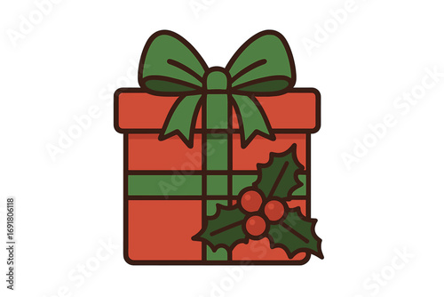 Christmas gift box vector icon. Holiday present with green ribbon and holly berry decoration. Flat cartoon symbol for winter celebration, seasonal design element. Isolated.