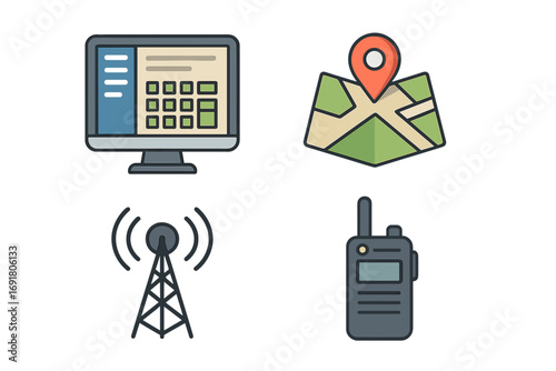 Dispatch center flat icon set. Vector cartoon illustration of logistics and communication operations. Control center symbols: computer screen, GPS map, radio tower, walkie-talkie.