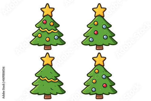 Set of Christmas tree icons. Vector cartoon illustration of decorated festive trees with star and ornaments. Flat design winter holiday graphic element collection for Xmas.