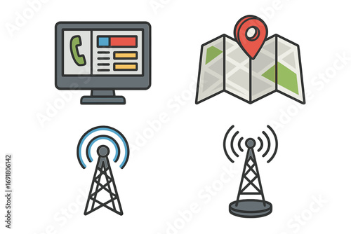 Dispatch center icon set. Flat vector cartoon illustration of operations console, computer screen, GPS map location pin, radio tower signal. Logistics, emergency 911 concept.
