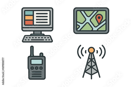Dispatch center icon set. Logistics and communication symbols. Vector flat design elements for fleet management, navigation, and control room operations. Computer, GPS, radio tower.