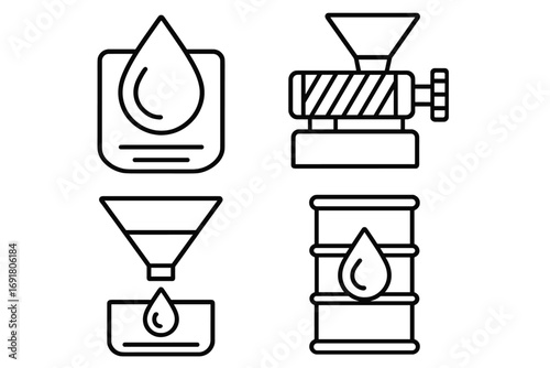 Oil production process line icon set. Vegetable or peanut oil extraction with expeller screw press machine, filtration unit, and storage drum. Industrial manufacturing vector icons.