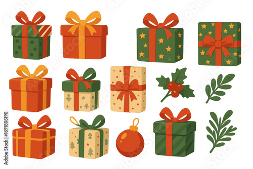 Christmas gift box collection vector cartoon set. Assortment of festive holiday presents with decorative wrapping paper, ribbons, holly, and bauble for winter celebration.