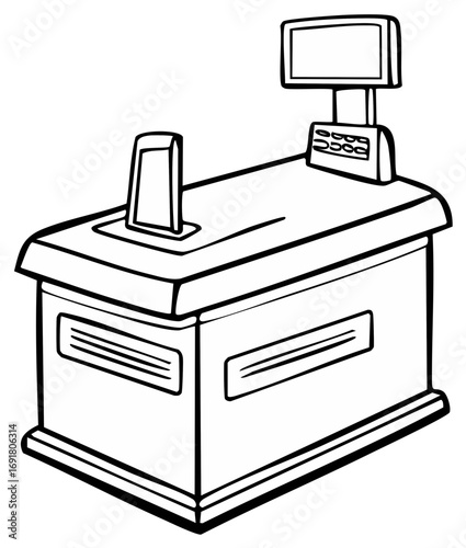 Monochrome line drawing of a retail store checkout counter desk with scanner and display screen