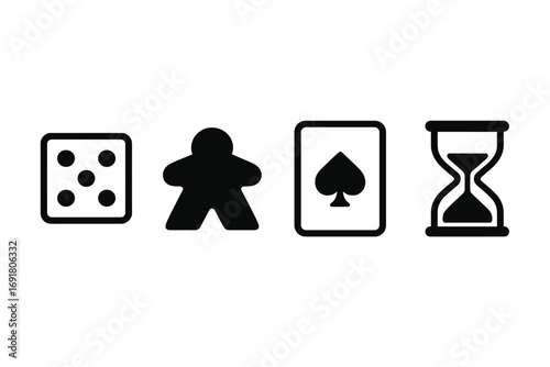Board game icon set with minimalist symbols for tabletop gaming. Vector collection includes dice for luck, meeple pawn, playing card for strategy, and hourglass for time.