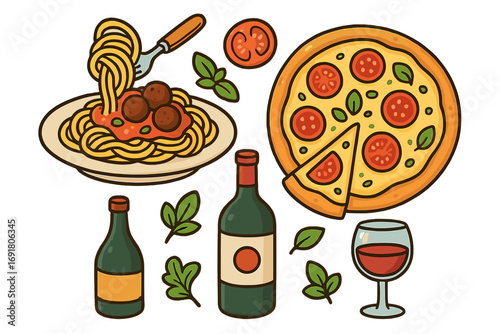 Italian food vector icon set with pasta, meatballs, pizza, and red wine. Cartoon clipart collection for restaurant menu or graphic design. Delicious Italian cuisine illustration.