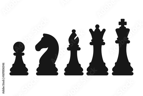 Minimalist chess piece silhouettes. Vector icon set including king, queen, bishop, knight, pawn. Strategic board game elements for business strategy concept. Black figures.
