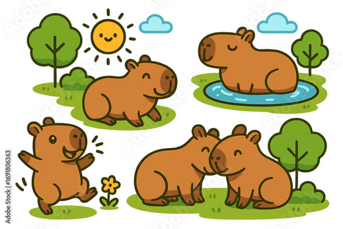 Capybara character collection. Cute cartoon vector illustration set of happy animals in nature. Adorable capybaras in different poses enjoying a sunny day in a park setting.