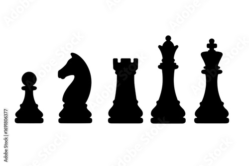 Set of black chess piece silhouettes. King, queen, rook, knight, pawn icons. Strategy, leadership and business concepts. Vector illustration for board game or tournament design.