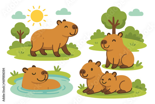 Cute capybara vector illustration set. Adorable cartoon animal characters in different poses. Wild mammal family with baby relaxing in nature on a sunny day in the park.