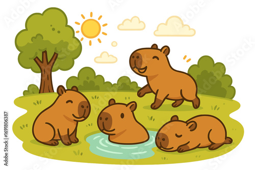 Cute capybara character set in a park. Vector cartoon illustration of adorable happy rodents in various poses like sleeping, walking, and swimming on a sunny summer day.