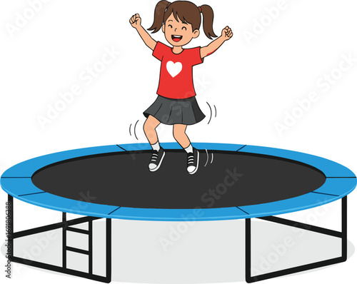 Cartoon child jumping on trampoline, outdoor play activity, physical exercise concept, kids fun illustration, vector art, childhood recreation scene