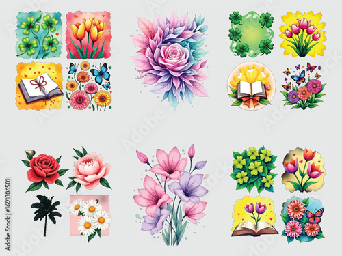 Artistic watercolor flower arrangements and botanical designs for creative projects