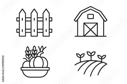 Agriculture and farming line icon set. Farm vector collection with simple outline symbols for web design. Contains fence, barn, harvest with pumpkin, and a field.