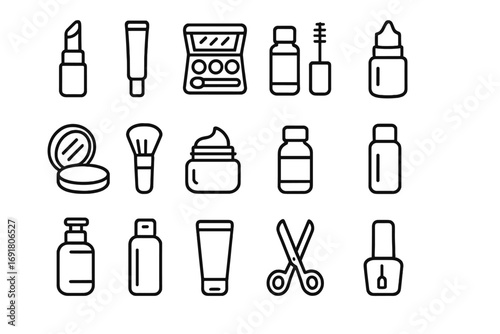 Beauty cosmetics and makeup line icon set. Skincare and personal care vector symbols. Outline pictograms of lipstick, mascara, eyeshadow, powder, cream, nail polish, lotion.