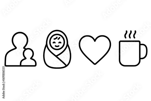 Family bonding outline icon set. Parent and child silhouette, newborn baby, love heart symbol, and coffee cup. Vector for concepts of parenthood, childcare, and new family life.