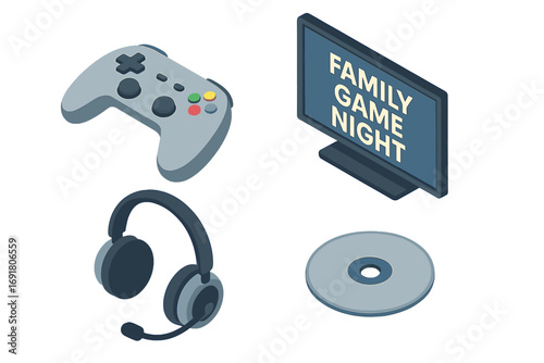 Family game night isometric icon set. Video gaming concept with console controller, TV screen, headset, and game disc. Home entertainment and leisure vector illustration.