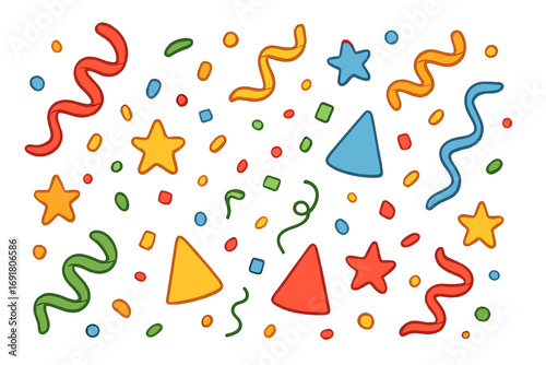 Confetti background elements for party and celebration. Vector cartoon flat design for birthday, carnival, holiday. Festive decoration set with streamer, star, popper filler.