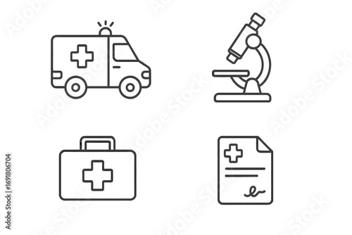 Medical and healthcare thin line icon set. Ambulance, microscope, doctor bag, prescription symbols. Emergency, science, diagnosis concepts. Vector illustration with editable stroke.