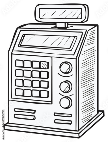 Illustration of a Cash Register with Buttons, Display Screen, and Sketchy Hatching, Drawn in Black and White