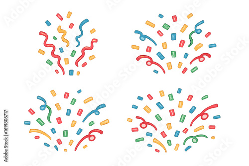 Vector confetti burst set. Party popper explosion. Colorful celebration background elements. Flat cartoon festive illustration for birthday, anniversary, winner surprise.