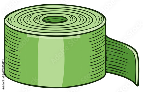 Rolled-up tape of a green color. Vector illustration of a measuring tape
