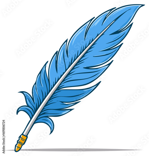 Blue feather illustration isolated on white. Decorative writing quill element.