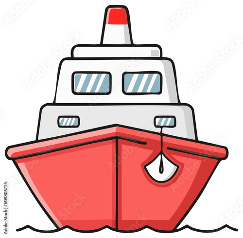 Stylized Red and White Ship Sailing Through Water