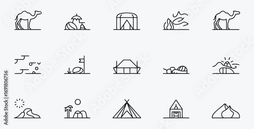 Simple black and white line art icons of desert and oasis