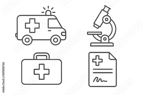 Medical line icons set. Ambulance, microscope, first aid bag, doctor prescription. Healthcare and hospital vector symbols. Emergency, medicine, science, diagnosis concepts.